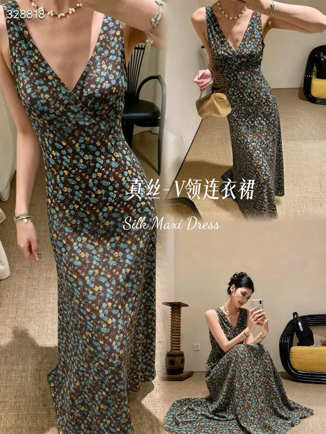 Kelly Designs Silk Floral Maxi Dress – Sleeveless V-Neck Bias Cut Dress (Instock)