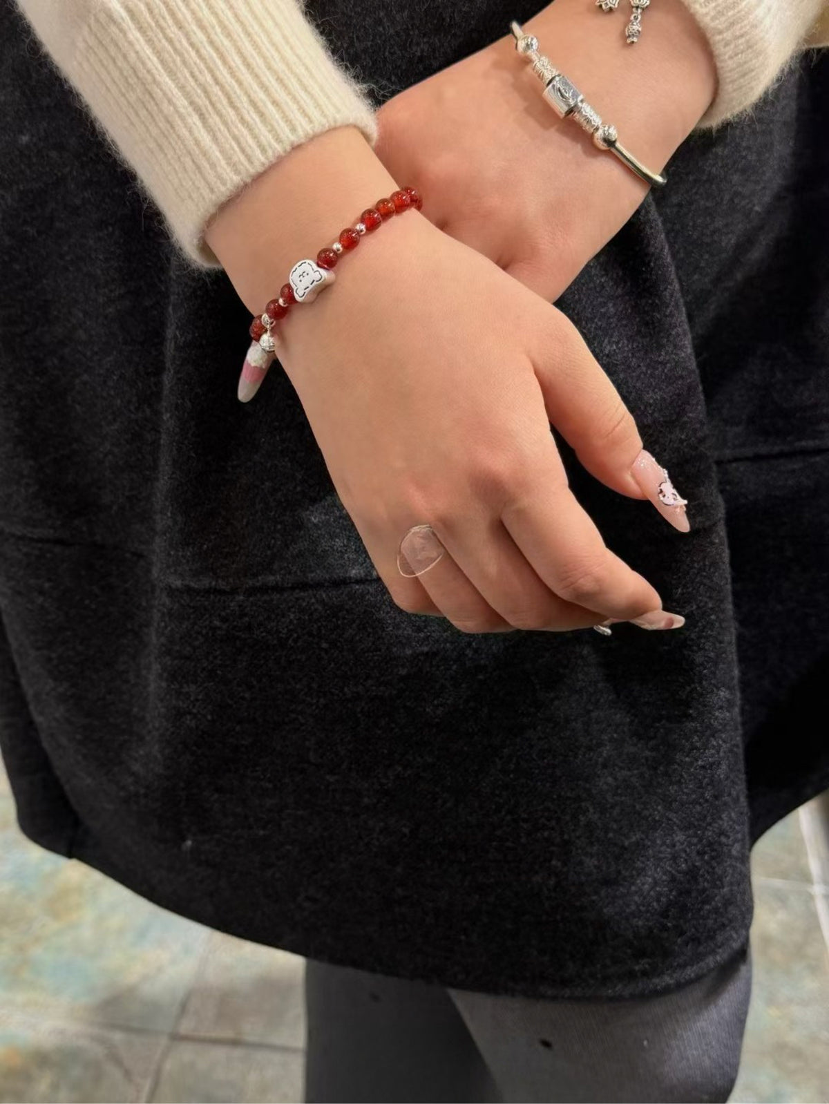 Kelly Designs Red Agate Bead Bracelet with Sterling Silver Bear Charm (Instock)