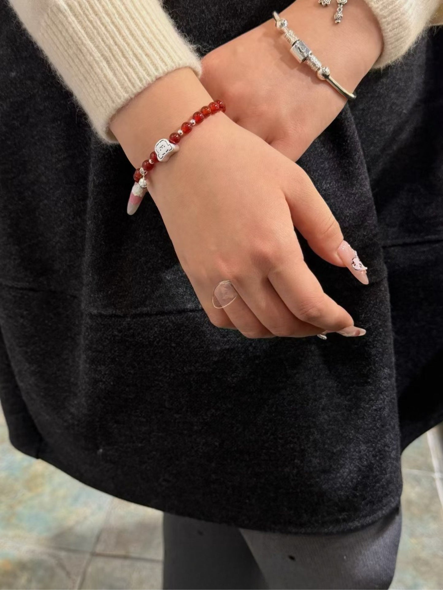 Kelly Designs Red Agate Bead Bracelet with Sterling Silver Bear Charm (Instock)