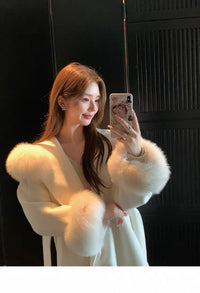 Kelly Designs Fox Fur Trim Wool Long Coat – Ivory (Instock)