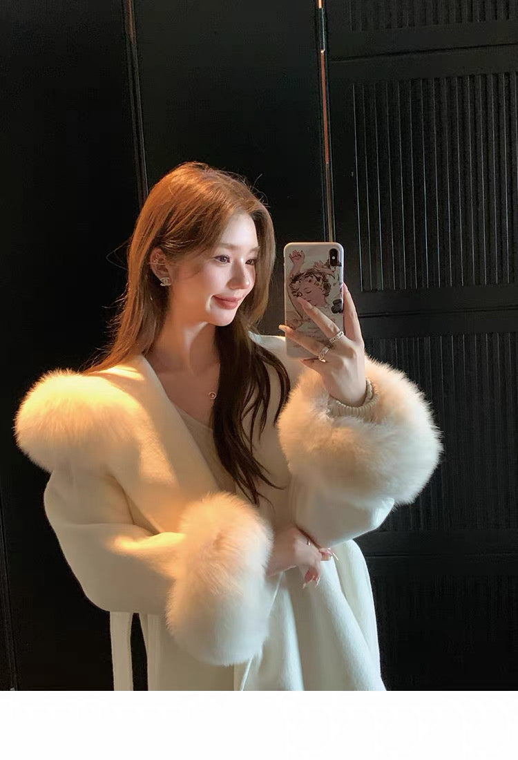 Kelly Designs Fox Fur Trim Wool Long Coat – Ivory (Instock)