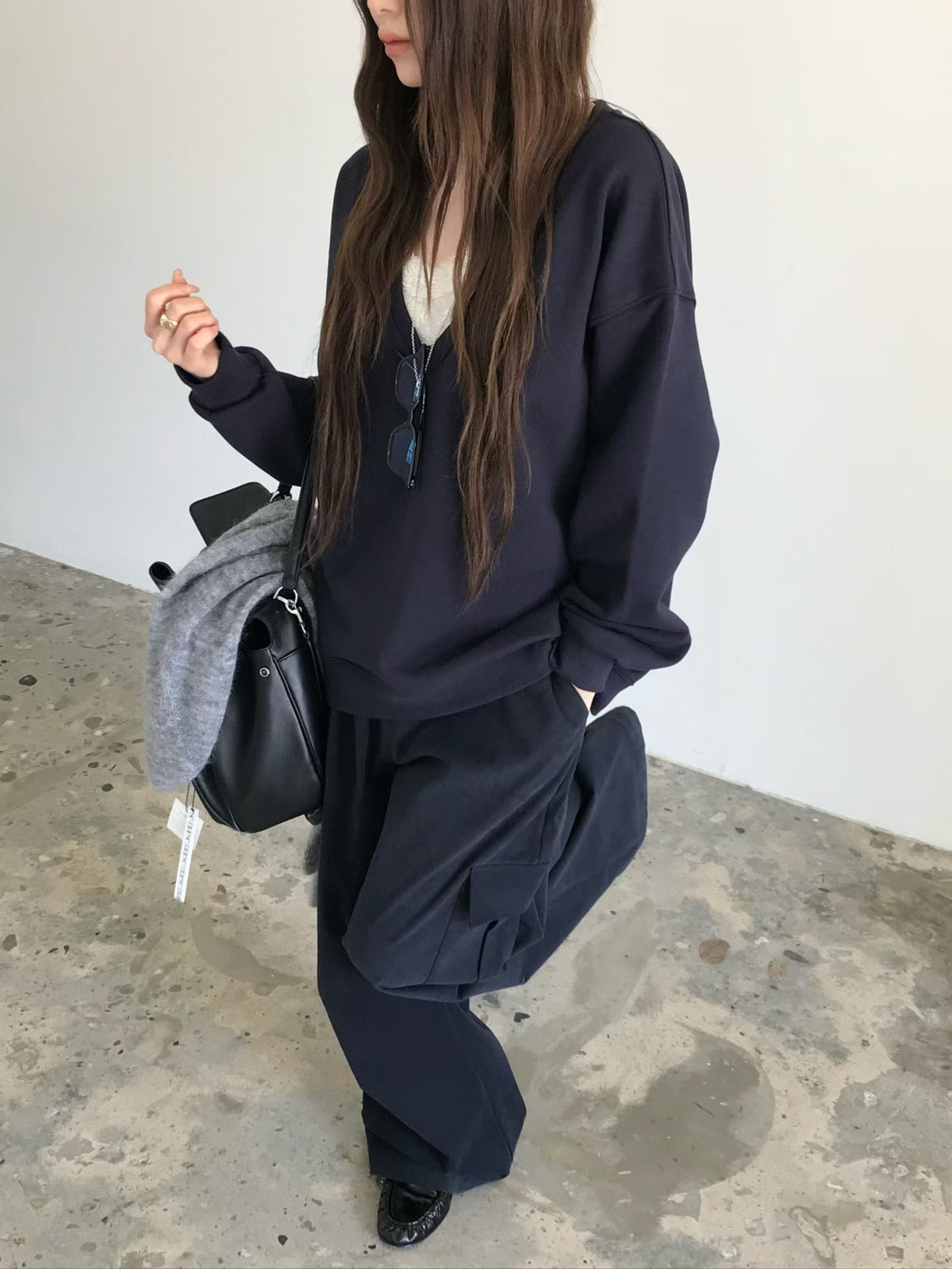 Korean APM Collection Relaxed Deep V-Neck Sweatshirt (Instock)