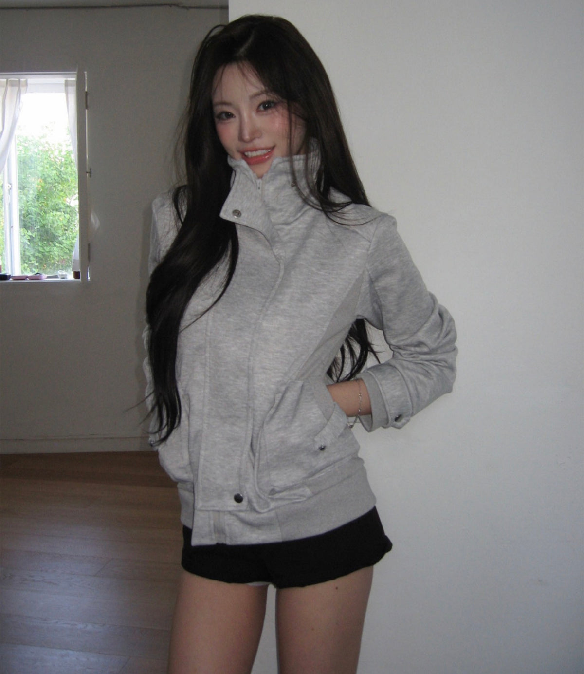 Korean Collection Grey High-Neck Cargo Zip-Up Jacket (Instock)