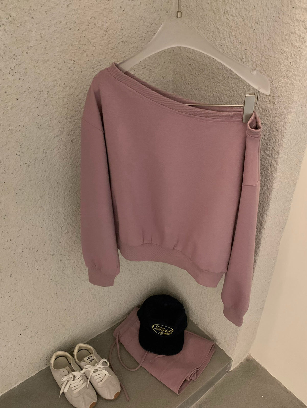 Kelly Designs Off-Shoulder Sweatshirt & Shorts Set - Purple/Beige (Instock)
