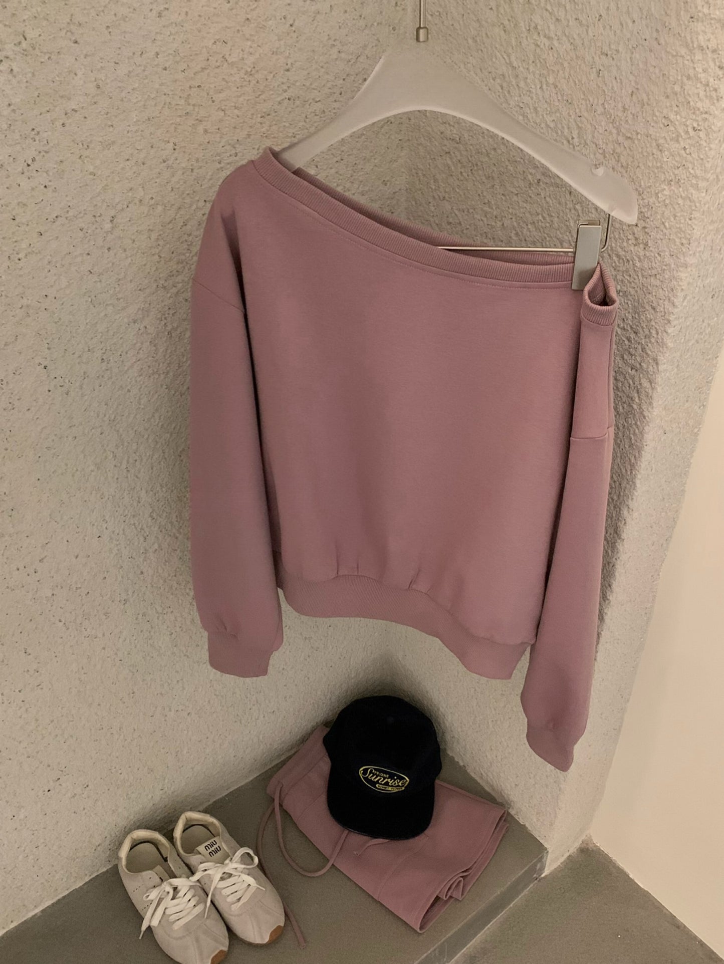 Kelly Designs Off-Shoulder Sweatshirt & Shorts Set - Purple/Beige (Instock)