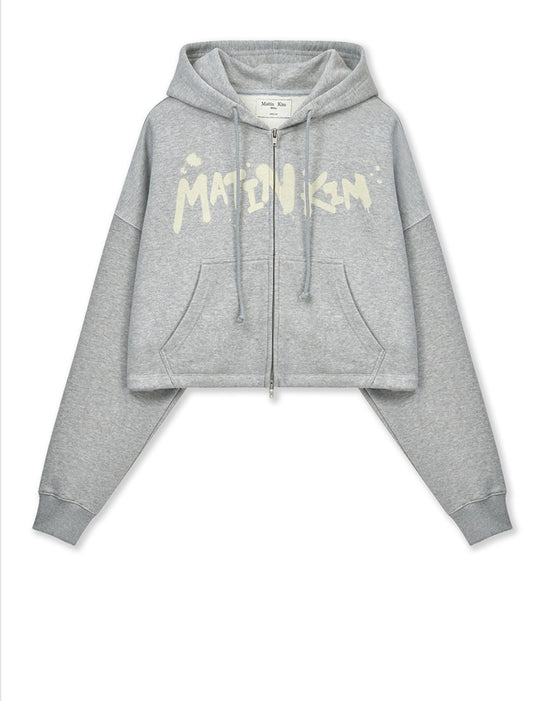 Korean Collection Matin Kim GRAFFITI LOGO CROP HOODY ZIP UP IN GREY (Instock)