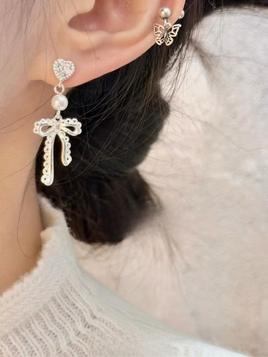 Kelly Designs Sterling Silver Lace Bow Pearl Dangle Earrings (Instock)