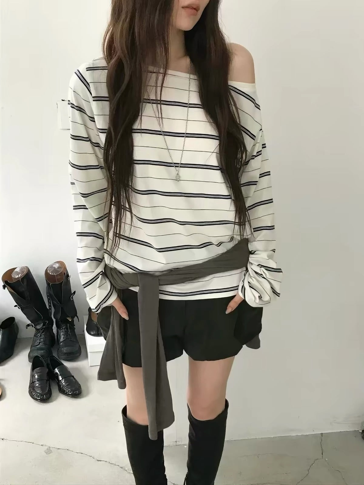 Korean Collection | Off-Shoulder Stripe Long Sleeve Top (Instock)
