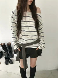 Korean Collection | Off-Shoulder Stripe Long Sleeve Top (Instock)