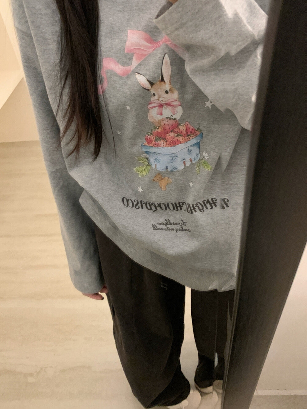 Kelly Designs Brushed Cotton Long-Sleeve Tee – Bow Strawberry Bunny Print (Instock)