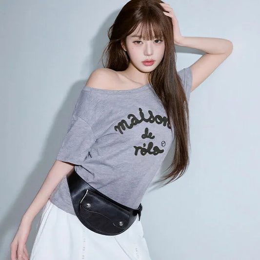 Rolarola Embroidery Off Shoulder Tshirt Off Grey (Instock)