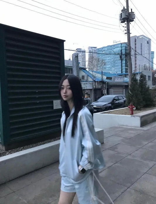 Korean Collection Nerdy 2pcs RIBBON TRACK SHORTS Blue SET (Instock)