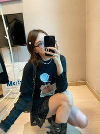 Korean APM Collection Bear Graphic Layered Lace Long Sleeve Tee (Instock)
