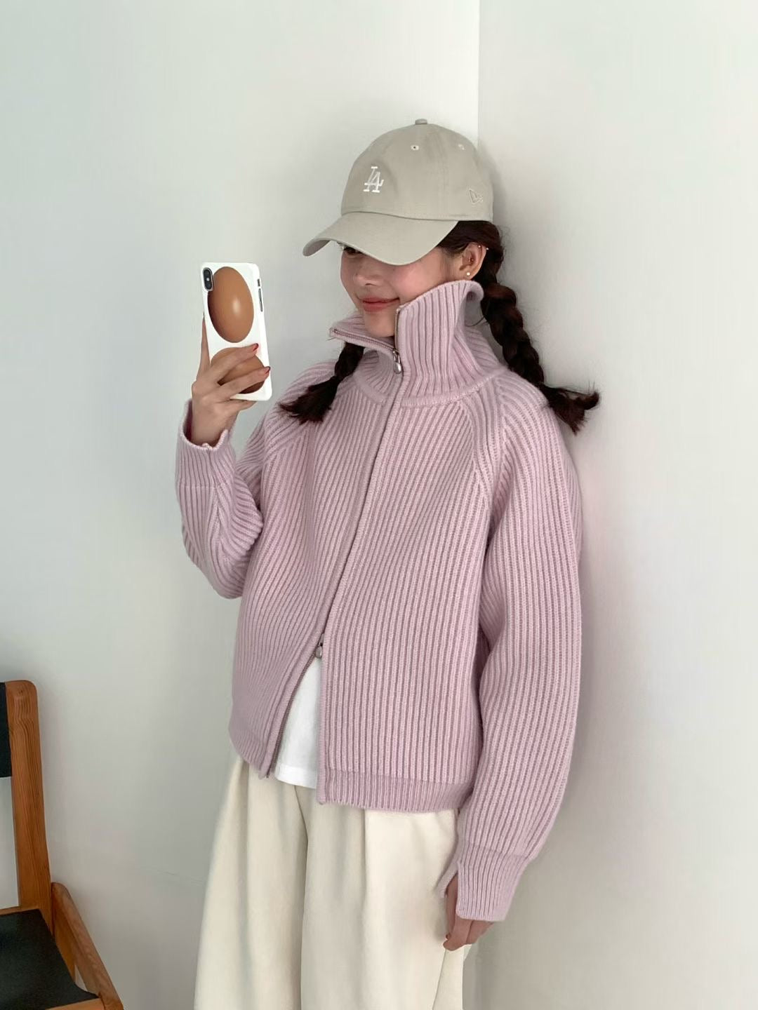 Korean APM Collection EGG PREMIUM CASHMERE SUPER FINE MERINO WOOL Zip Up Purple Cardigan (2-3 weeks)