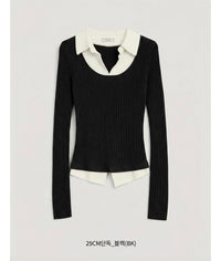 Korean Velvet Contrast Collar Layered Knit Black Top (Instock)