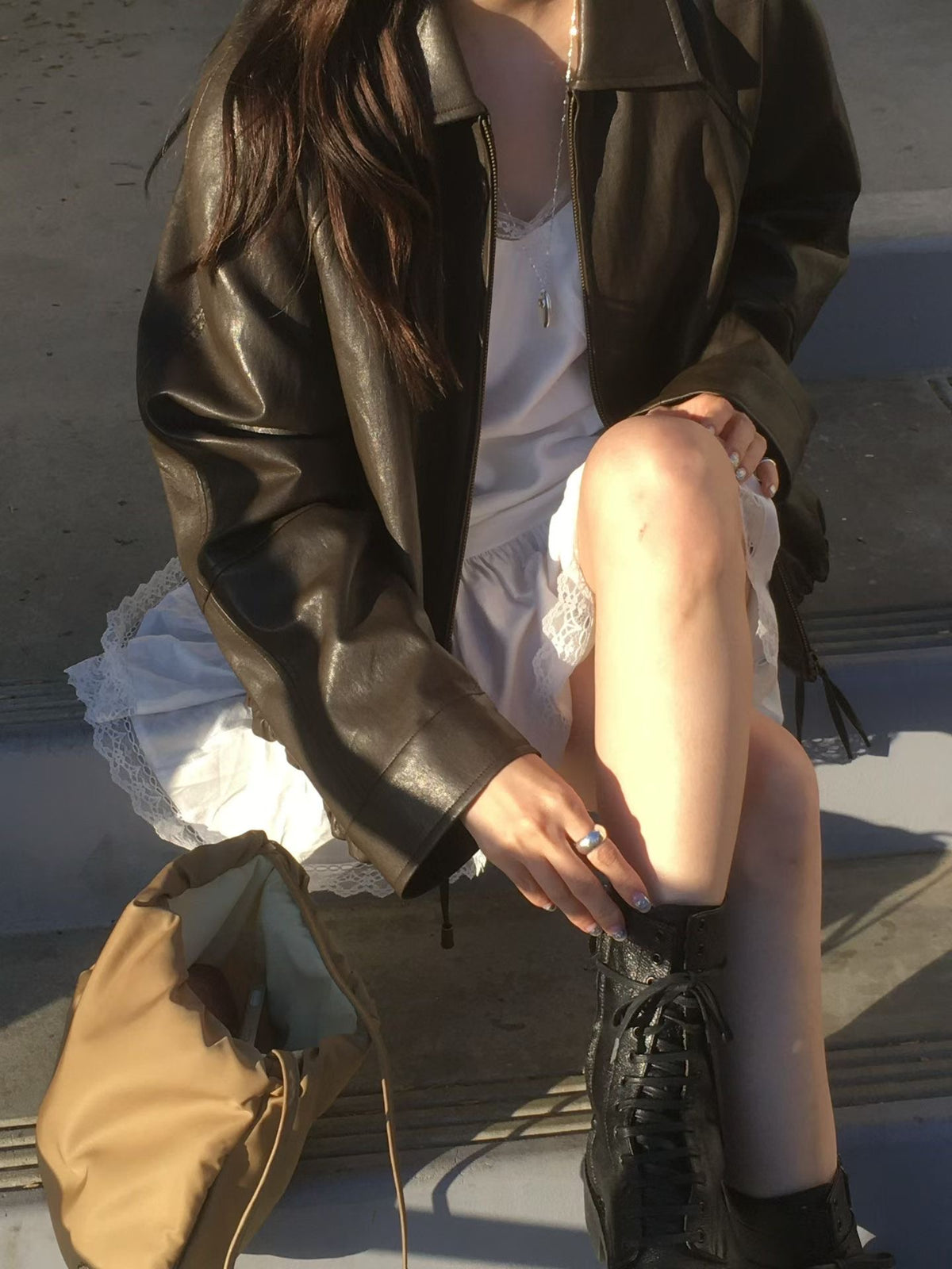 Korean Faux Leather Zip-Up Jacket – Brown (Instock)