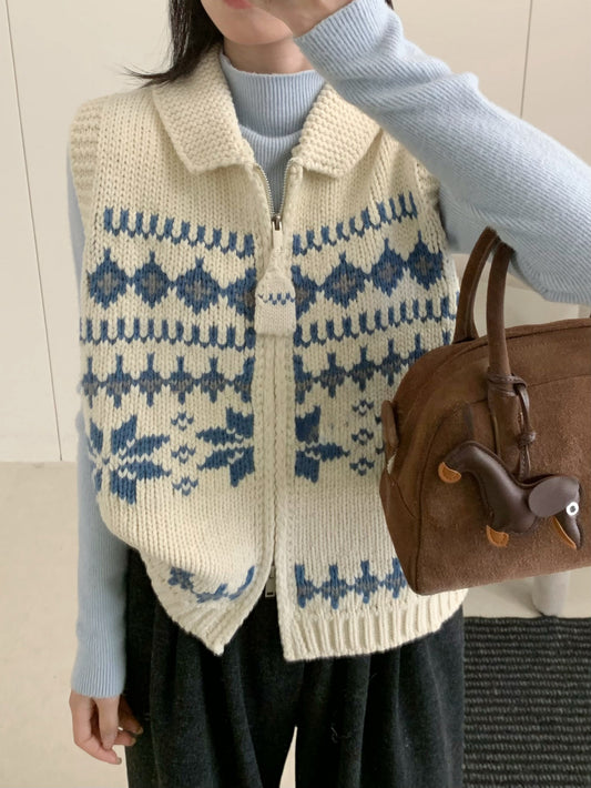 Kelly Designs Fair Isle Double-Zip Knit Vest – Cozy & Versatile-Beige (Instock)