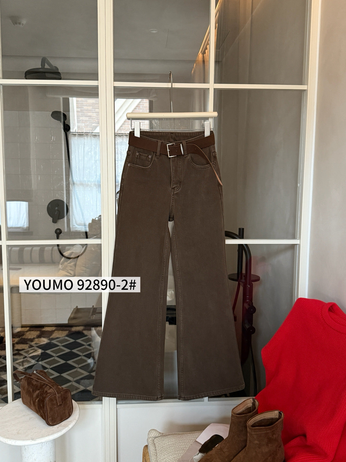 Kelly Designs Fleece-Lined Denim Flare Jeans with Belt (Instock)