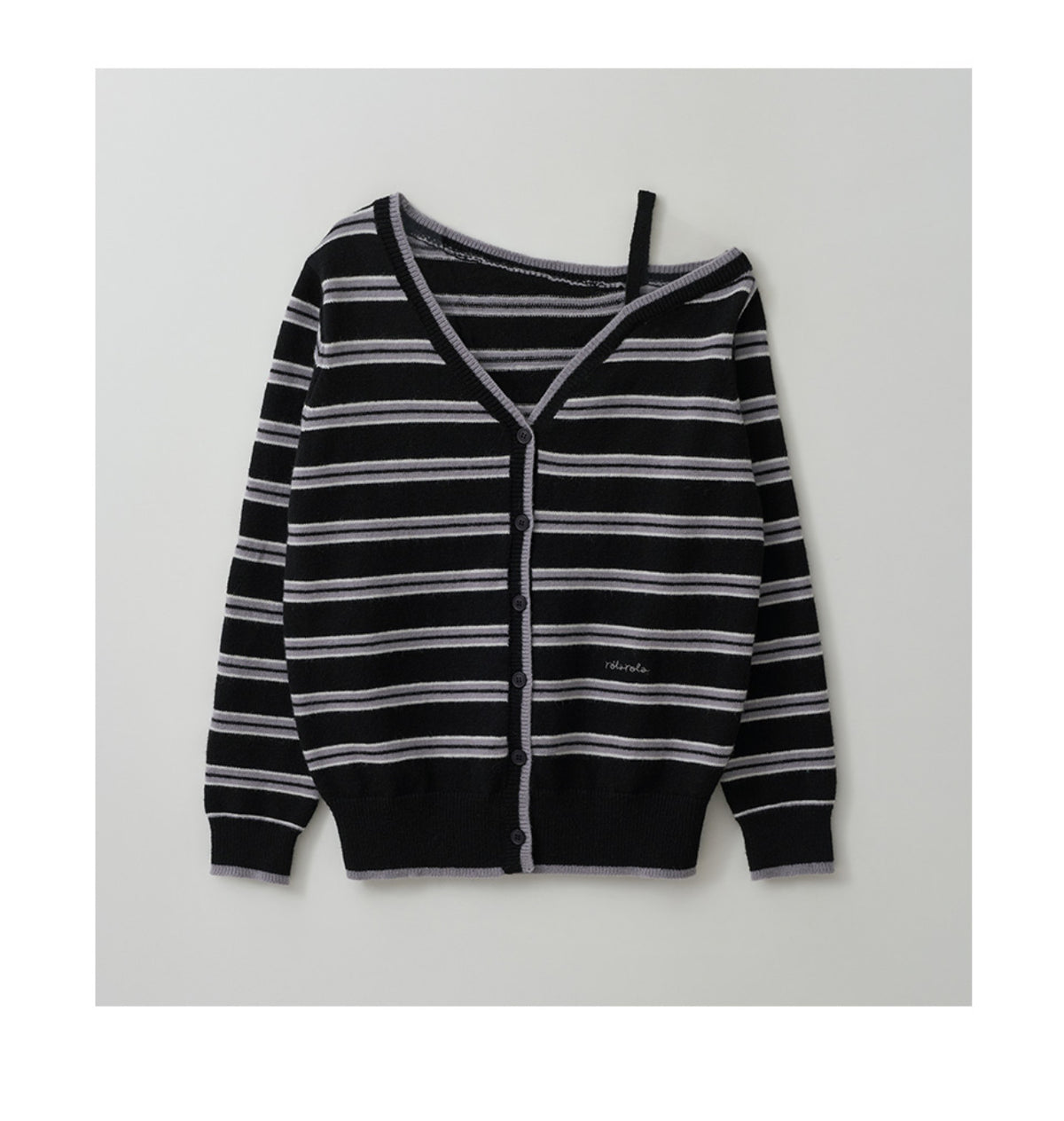 Korean Collection Rolarola ONE OFF SHOULDER STRIPE WOOL BLENDED Cardigan Black (Instock)