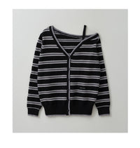 Korean Collection Rolarola ONE OFF SHOULDER STRIPE WOOL BLENDED Cardigan Black (Instock)
