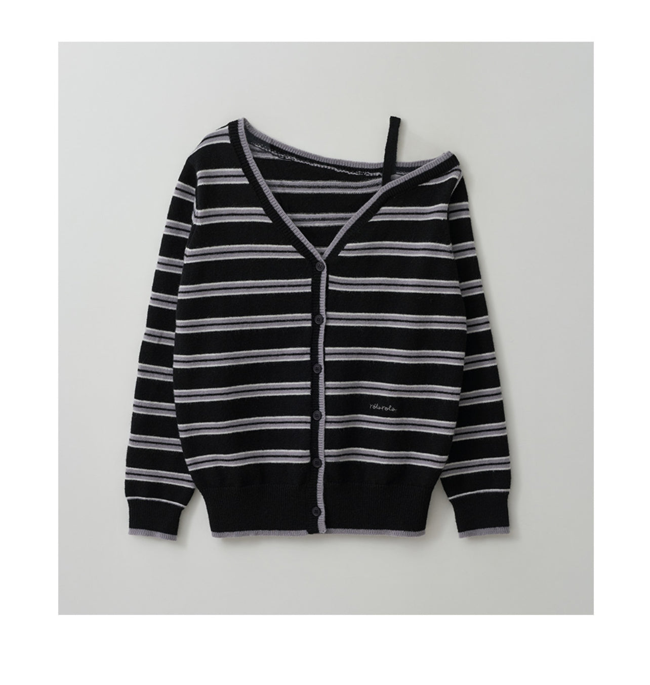 Korean Collection Rolarola ONE OFF SHOULDER STRIPE WOOL BLENDED Cardigan Black (Instock)