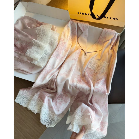 Kelly Designs Dreamy Pink Satin Pajama Set – Ice Silk & Lace Loungewear (Instock)