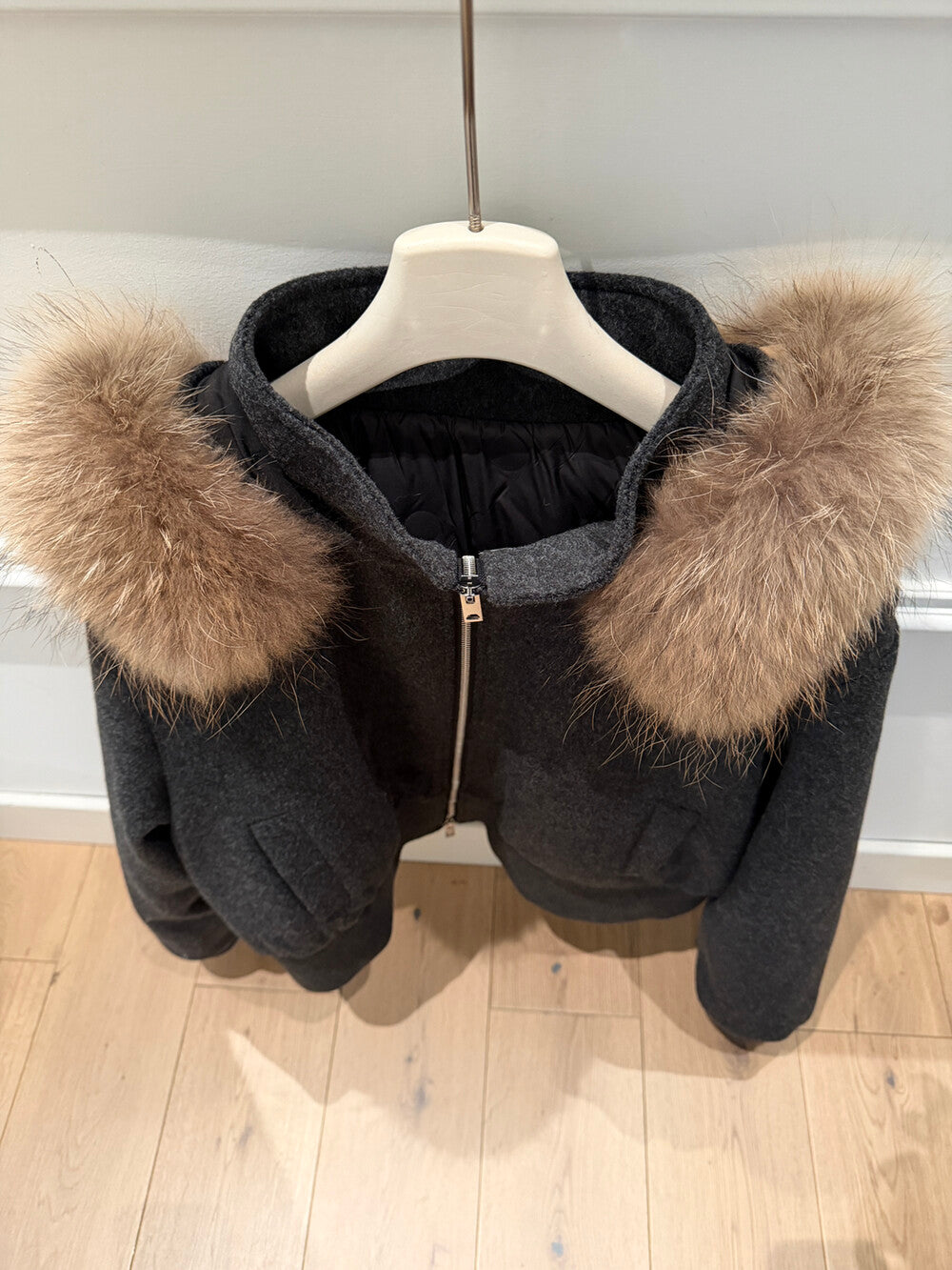 Kelly Designs Minimal Wool-Blend Short Goose Jacket with Detachable Raccoon Fur Collar (Instock)