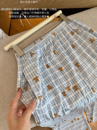 Kelly Designs Teddy Bear Lace-Trim Pajama Set – Grey & Blue Plaid (Instock)