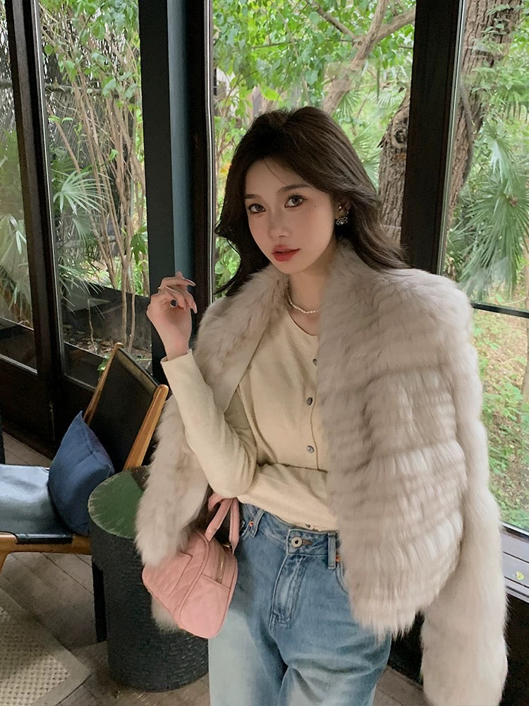 Kelly Designs White Fox Fur Coat with Panel Stitch Design- V Neck(Instock)