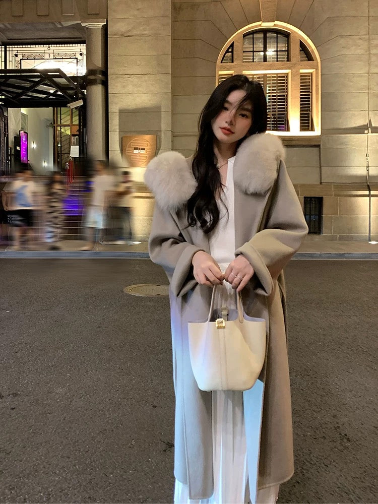 Kelly Designs 100% Wool Long Coat with Fox Fur Collar – Khaki (Instock)