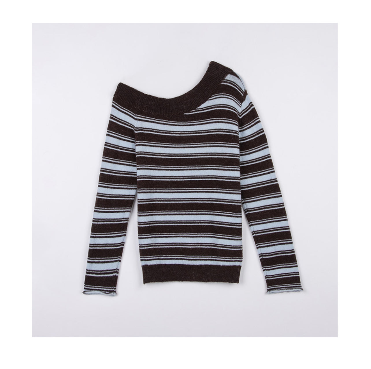 Korean Collection Rolaroal UNBALANCED OFF SHOULDER STRIPE KNIT BR+BL (Instock)