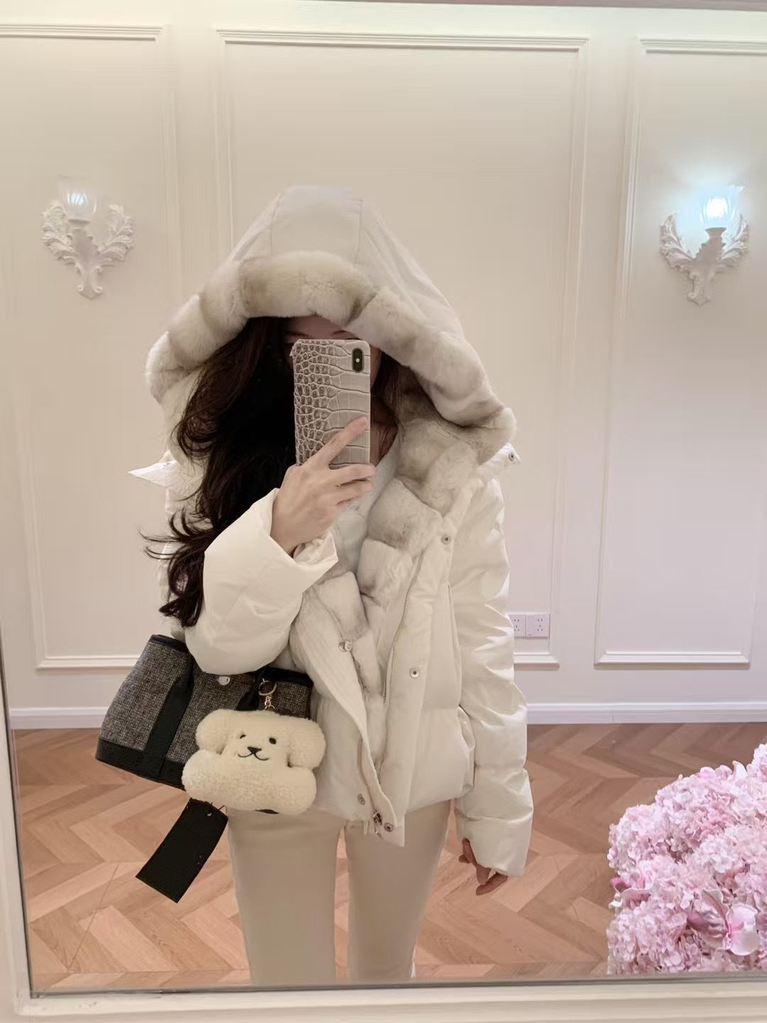 Kelly Designs Goose Down Jacket with Imported Rex Rabbit Fur Hood – Elegant & Ultra Warm-Black/White (Instock)