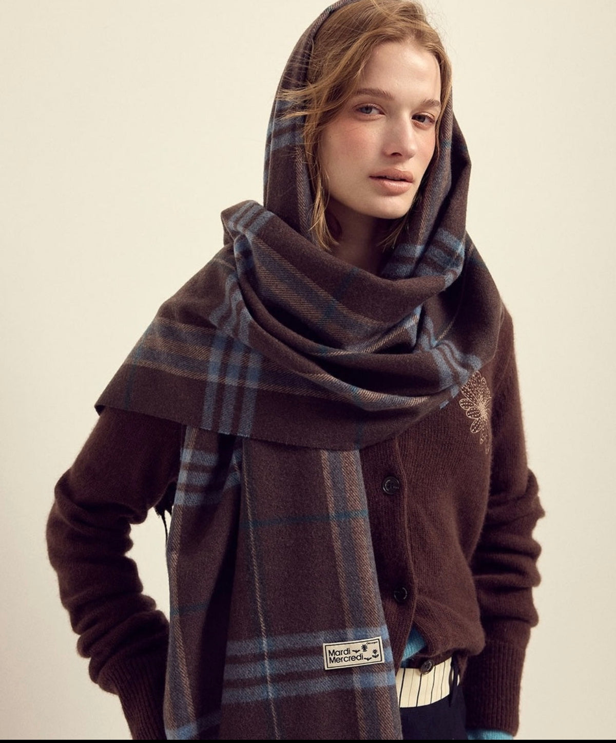 Mardi Mercredi Wool Check Muffler Scarf – Brown/Contain Mardi Gift Box (Instock)
