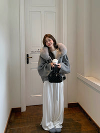 Kelly Designs Fox Fur Hoodie Zip Up Grey Wool Coat (Instock）