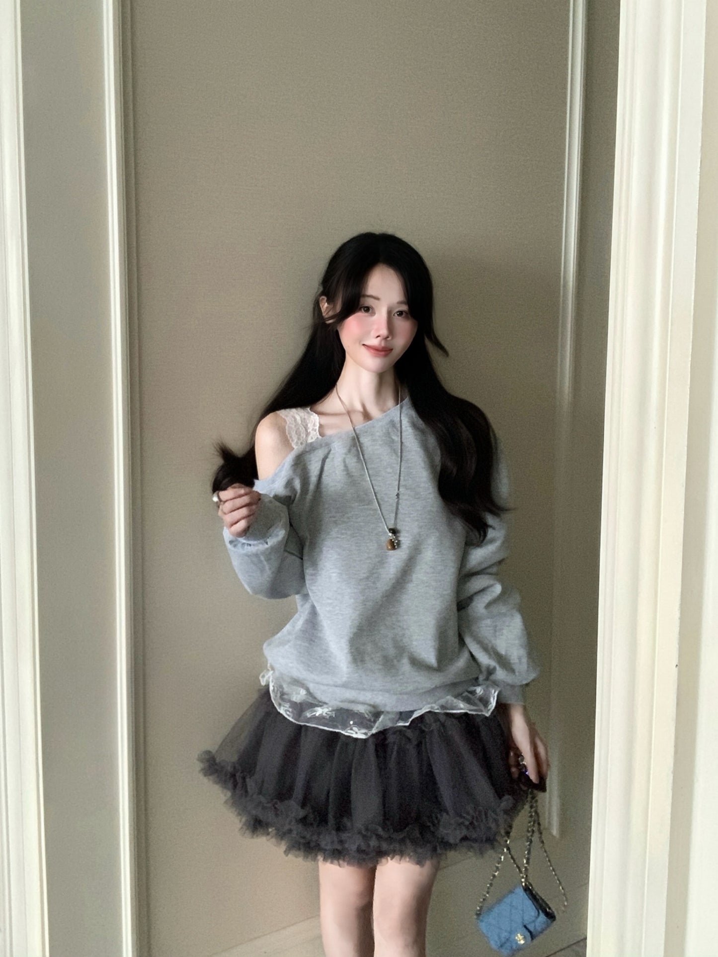 Kelly Designs Off-Shoulder Faux Layered Sweatshirt & Grey Skirt (Instock)