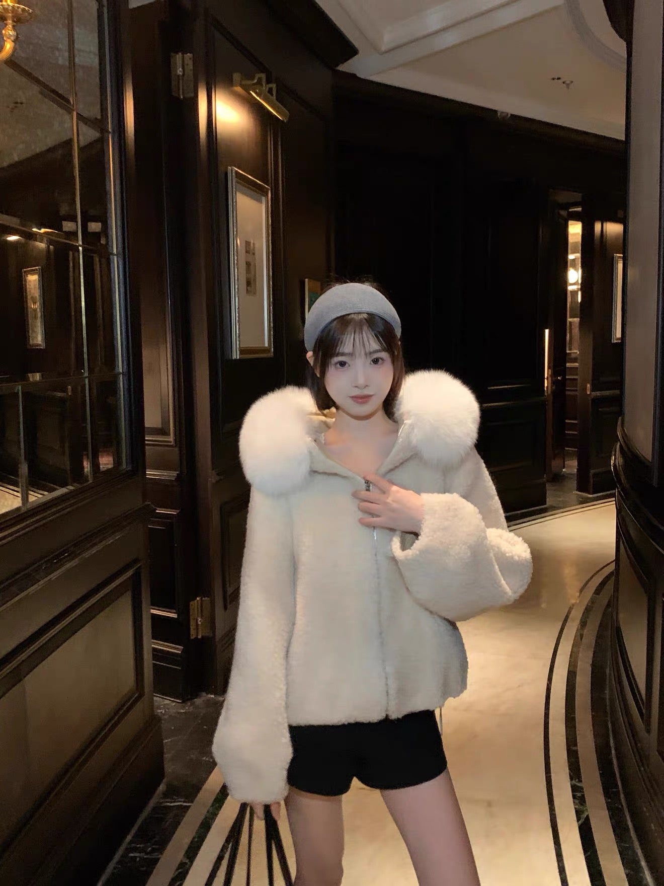 Kelly Designs Oversized Fox Fur Hooded Shearling Wool Jacket with Drawstring Hem (Instock)