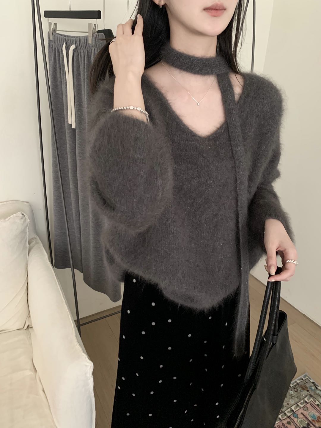 Kelly Designs Soft Mink-Touch V-Neck Knit Sweater with Matching Scarf Tie (Instock)