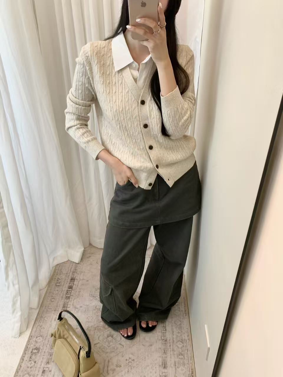 Kelly Designs Linen & Wool-Blend Contrast-Collar Cable-Knit Cardigan (Instock)