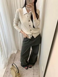 Kelly Designs Linen & Wool-Blend Contrast-Collar Cable-Knit Cardigan (Instock)