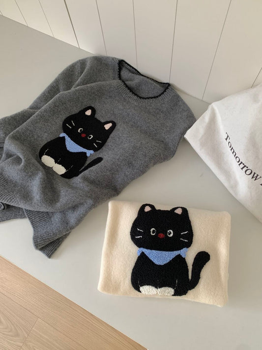 Kelly Designs “Coal Cat” Embroidery Wool Knit (100% Wool) (Instock)