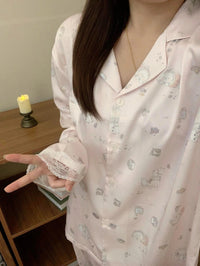 Kelly Designs Vintage Kitten Satin Pajama Set with Lace Trim & Scrunchie (Instock)