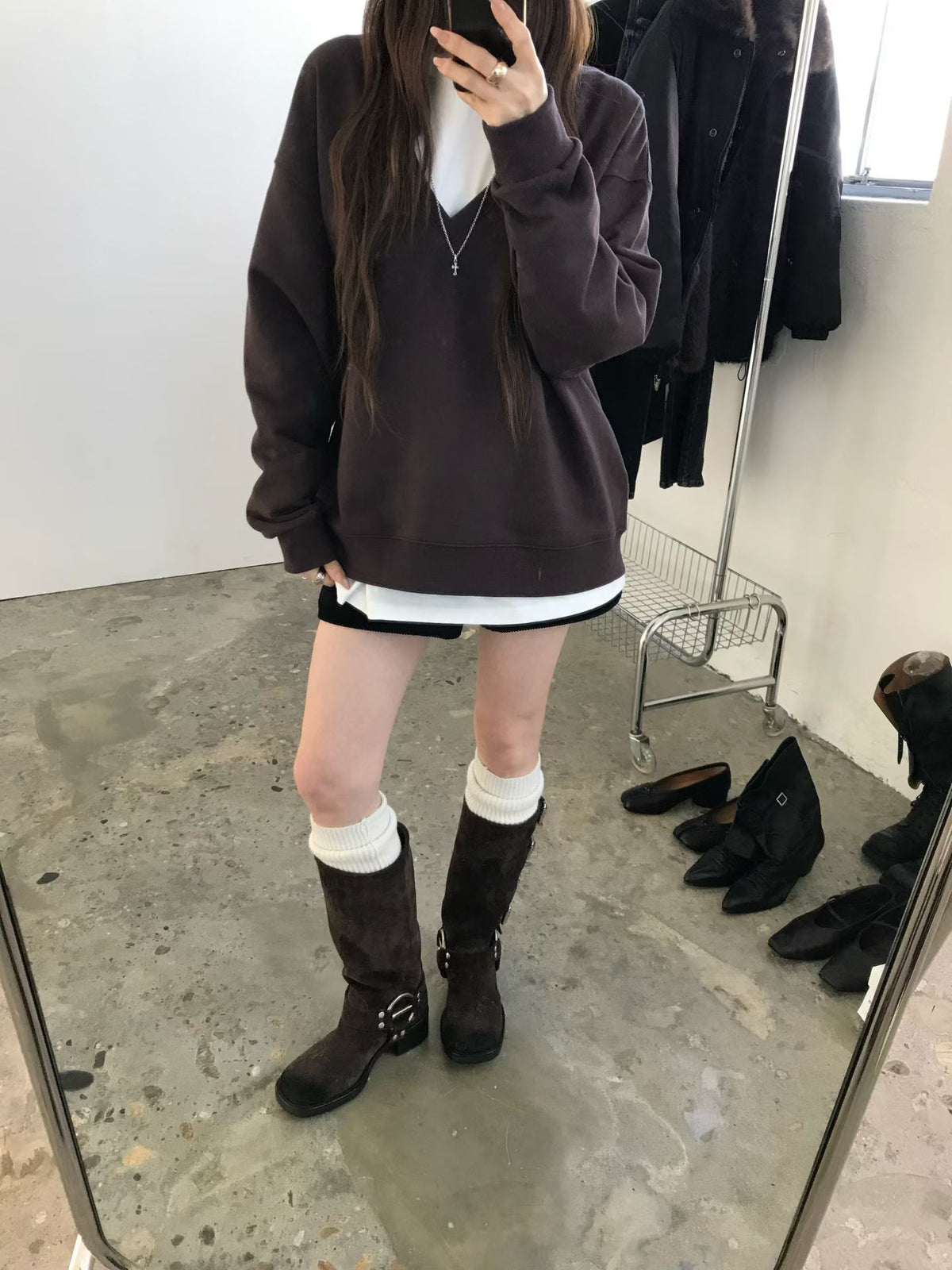 Korean APM Collection Relaxed Deep V-Neck Sweatshirt (Instock)