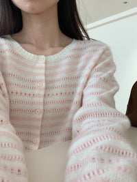 Kelly Designs Pink & Cream Striped Pointelle Cardigan – 100% Wool (Instock)