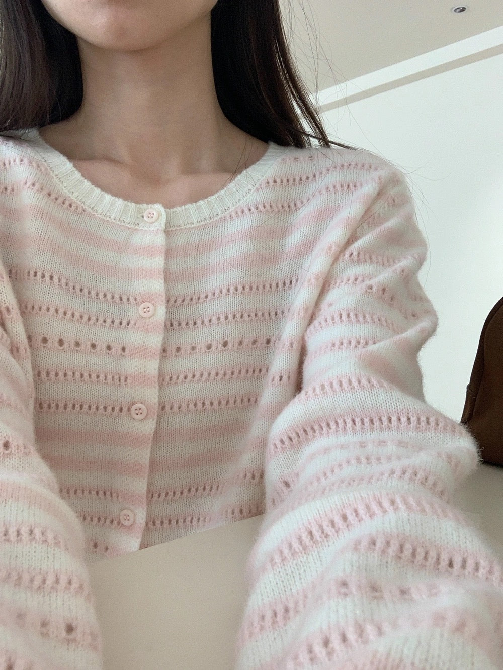 Kelly Designs Pink & Cream Striped Pointelle Cardigan – 100% Wool (Instock)