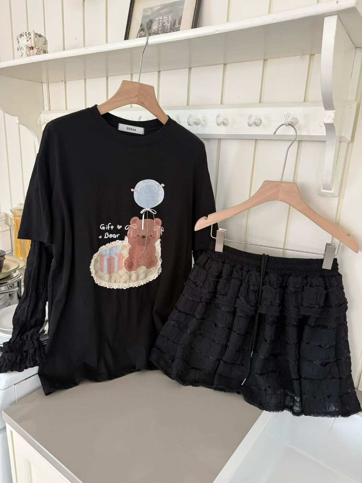 Korean APM Collection Bear Graphic Layered Lace Long Sleeve Tee (Instock)