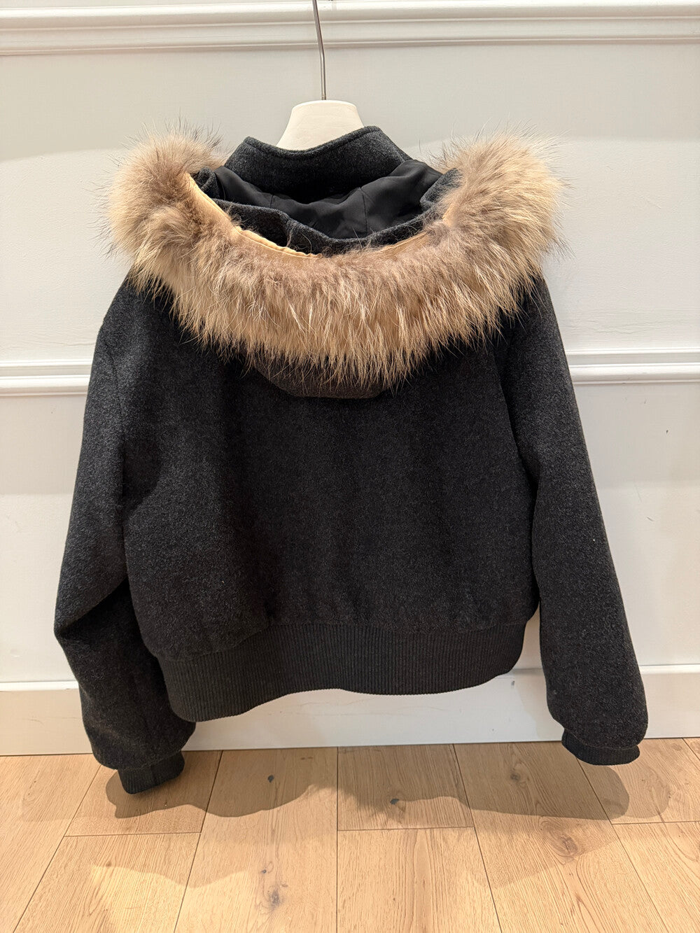 Kelly Designs Minimal Wool-Blend Short Goose Jacket with Detachable Raccoon Fur Collar (Instock)