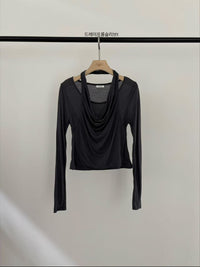 Haut à manches longues superposé col drapé Korean APM Collection – Anthracite (En stock)