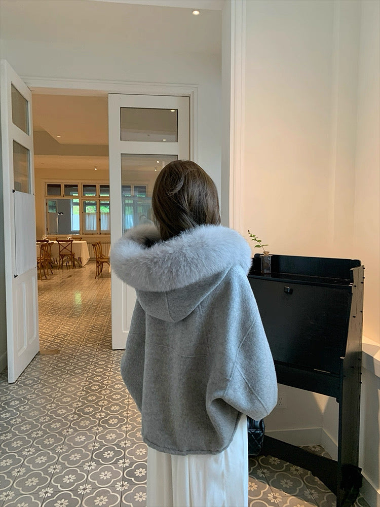 Kelly Designs Fox Fur Hoodie Zip Up Grey Wool Coat (Instock）