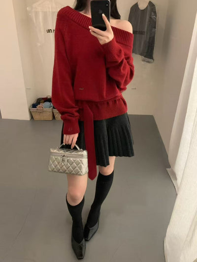 Kelly Designs Off-Shoulder Rabbit Hair Knit Sweater with Belt (Instock)