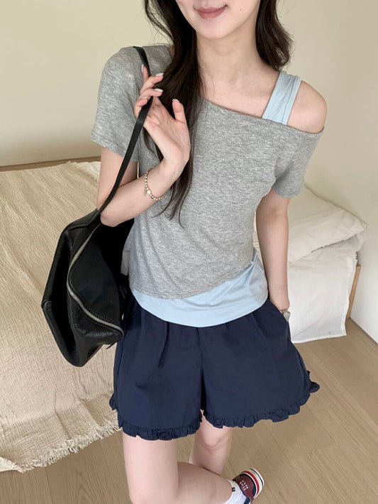 Kelly Designs Faux Layered Off-Shoulder Grey Tee (Instock)